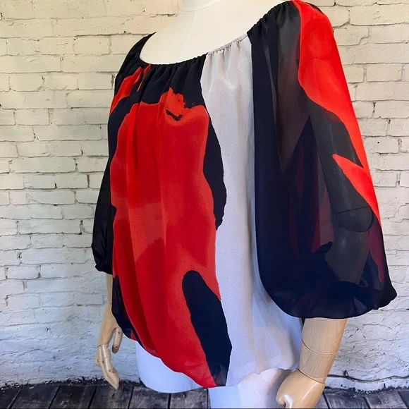 ๐HP๐ Vince Camuto Balloon Sleeve Blouse Pleated Elastic Waist Size Medium - Picture 6 of 11